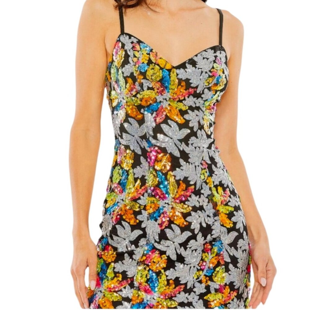 Mac Duggal Floral Embroidered Mini Dress With Spaghetti Straps - Picture 2 of 12